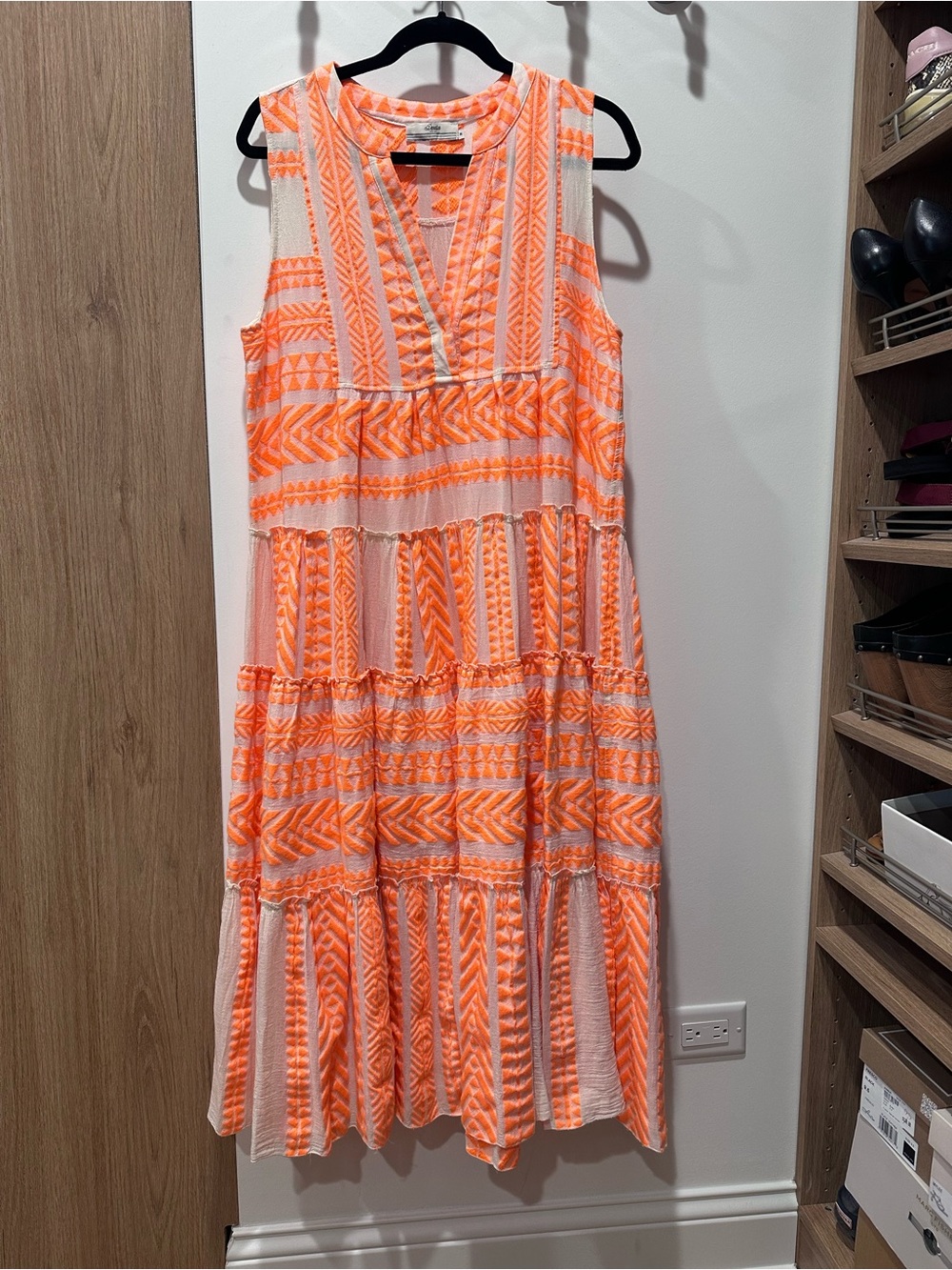 Devotion TWINS Neon Orange & Cream Embroidered Tiered Midi Dress